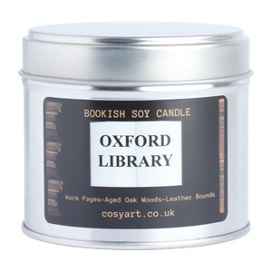 Bookish Candles | Oak Wood + Tobacco + Dark Plum | Cosy Art Candle | Soy Scented Candle |60h Burning Time | Oxford Library | Gifts | 250ml Tin