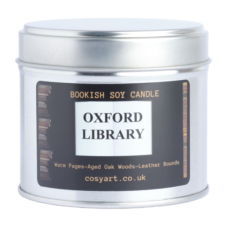 Bookish Candles | Oak Wood + Tobacco + Dark Plum | Cosy Art Candle | Soy Scented Candle |60h Burning Time | Oxford Library | Gifts | 250ml Tin