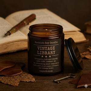 Vintage Library Scented Candle – Cozy Bookish Candle | Leather, Paper, and Tobacco Scent | Gift for Book Lover, Librarian