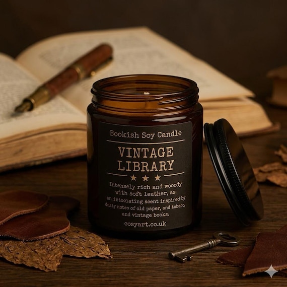 Vintage Library Scented Candle – Cozy Bookish Candle | Leather, Paper, and Tobacco Scent | Gift for Book Lover, Librarian