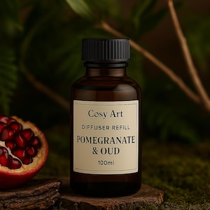 May include: A brown glass diffuser refill bottle with a black cap. The label reads "Cosy Art, Diffuser Refill, Pomegranate & Oud, 100ml." A cut pomegranate is visible on the left. The background is a blurred green.