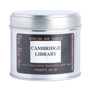 Bookish Candles | Oriental Spices + Tuscan Leather | 250ml Tin Candle | Cambridge Library | Book Themed Gift