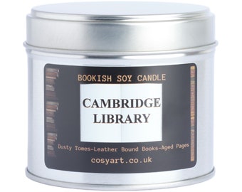 Bookish Candles | Oriental Spices + Tuscan Leather | 250ml Tin Candle | Cambridge Library | Book Themed Gift