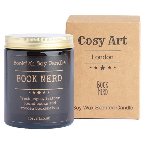 Bookish Candle | Leather + Precious Woods + Jasmine | 180ml | Soy Wax Scented Candle | Vegan | Natural | 40h Burn Time | Cosy Art Candles