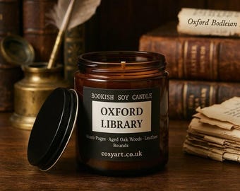 Oxford Library Scented Candle – Cozy Bookish Candle for Reader Gift | Aged Oak, Leather & Worn Pages Scent | 180ml Amber Jar