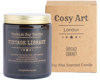 Bookish Candles |Leather + Paper + Tobacco | Cosy Art Candle| Soy Wax Scented Candle | Vintage Library | Gifts |180ml Amber Jar |40h Burning