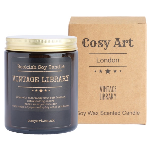 Bookish Candles |Leather + Paper + Tobacco | Cosy Art Candle| Soy Wax Scented Candle | Vintage Library | Gifts |180ml Amber Jar |40h Burning