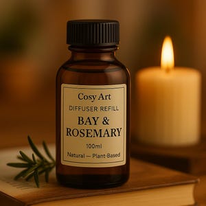 May include: A brown glass diffuser refill bottle with a black cap. The label reads "Cosy Art, Diffuser Refill, Bay & Rosemary, 100ml, Natural - Plant-Based." A lit candle and sprig of rosemary are in the background.