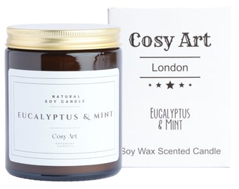 Eucalyptus + Peppermint  | Cosy Art Candle | All Natural Soy Wax Scented Candle | 180ml | Gift For Men And Women