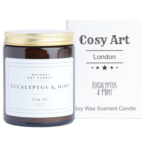 Eucalyptus + Peppermint  | Cosy Art Candle | All Natural Soy Wax Scented Candle | 180ml | Gift For Men And Women