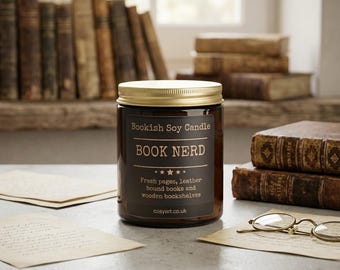 Book Nerd Soy Candle - Leathery Scent of Old Books & Wooden Bookshelves - Dark Academia Library Decor - Unique Literary Gift