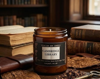 Cambridge Library Candle – Bookish Soy Wax Candle | Old Book Smell, Leather & Mahogany Scent | Gift for Readers, Librarian Gift | Handmade