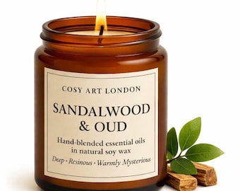Vela de soja de sándalo y oud / Vela cálida amaderada en frasco de ámbar / Regalo artesanal