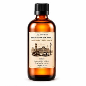 May include: A 100ml amber glass bottle with a black screw cap containing reed diffuser refill oil. The label features the text Cosy Art London, REED DIFFUSER REFILL, LONDON COFFEE HOUSE, and an illustration of Big Ben, books, and a coffee cup.