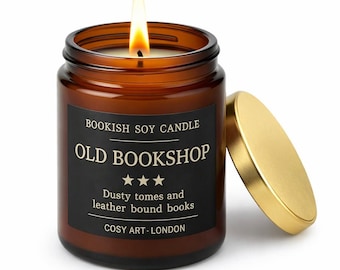 Vela aromática de librería antigua 200 ml / Vela de soja de lujo con aroma a libros / Tomos polvorientos y libros encuadernados en cuero / Más de 40 horas de duración / Regalo para papá, él, Boo