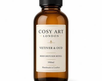 Vetiver and Oud Reed Diffuser Refill 100ml | Luxury Woody Home Fragrance Oil | Agarwood, Vetiver & Amber Scent | Handmade in London | Vegan,