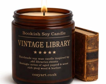 Vintage Library Soy Wax Candle 200ml – Hand-Poured Natural Soy Candle in Amber Glass | Cozy Home Fragrance Gift for Book Lovers | Cosy Art L