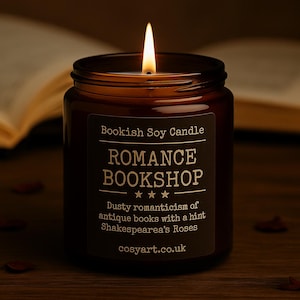 Romance Bookshop Scented Soy Candle - Rose Geranium and Amber | 200ml | Gift for Her Book Lovers Gift | Handmade in London