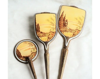 ART DECO 3Piece Vanity SET Hand Mirror Hair Brush Magnifying Mirror Celluloid GoldPlated