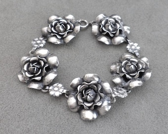 Vintage 5 Dimensional ROSES Flowers STERLING Silver BRACELET 7.5&quot; Long