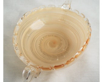 MCM Vintage MURANO Italy Spiral Art GLASS Bowl with Handles Gold Sparkle Scalloped