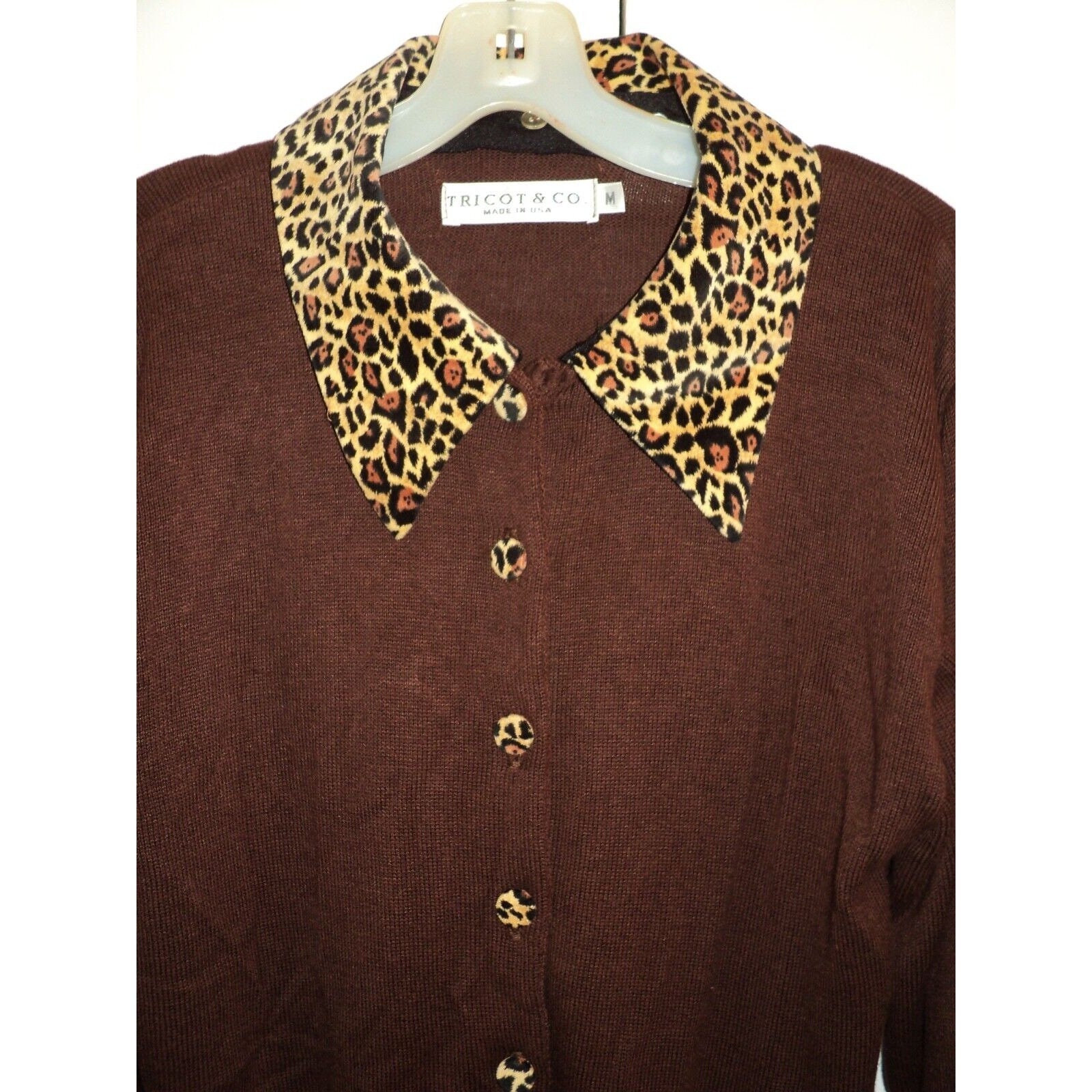 90s Brown CARDIGAN SWEATER + Removable Detachable COLLAR Leopard