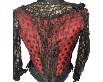 Antique VICTORIAN Red + Black LACE CORSET with Sleeves, Boned, High Neck - Outstanding