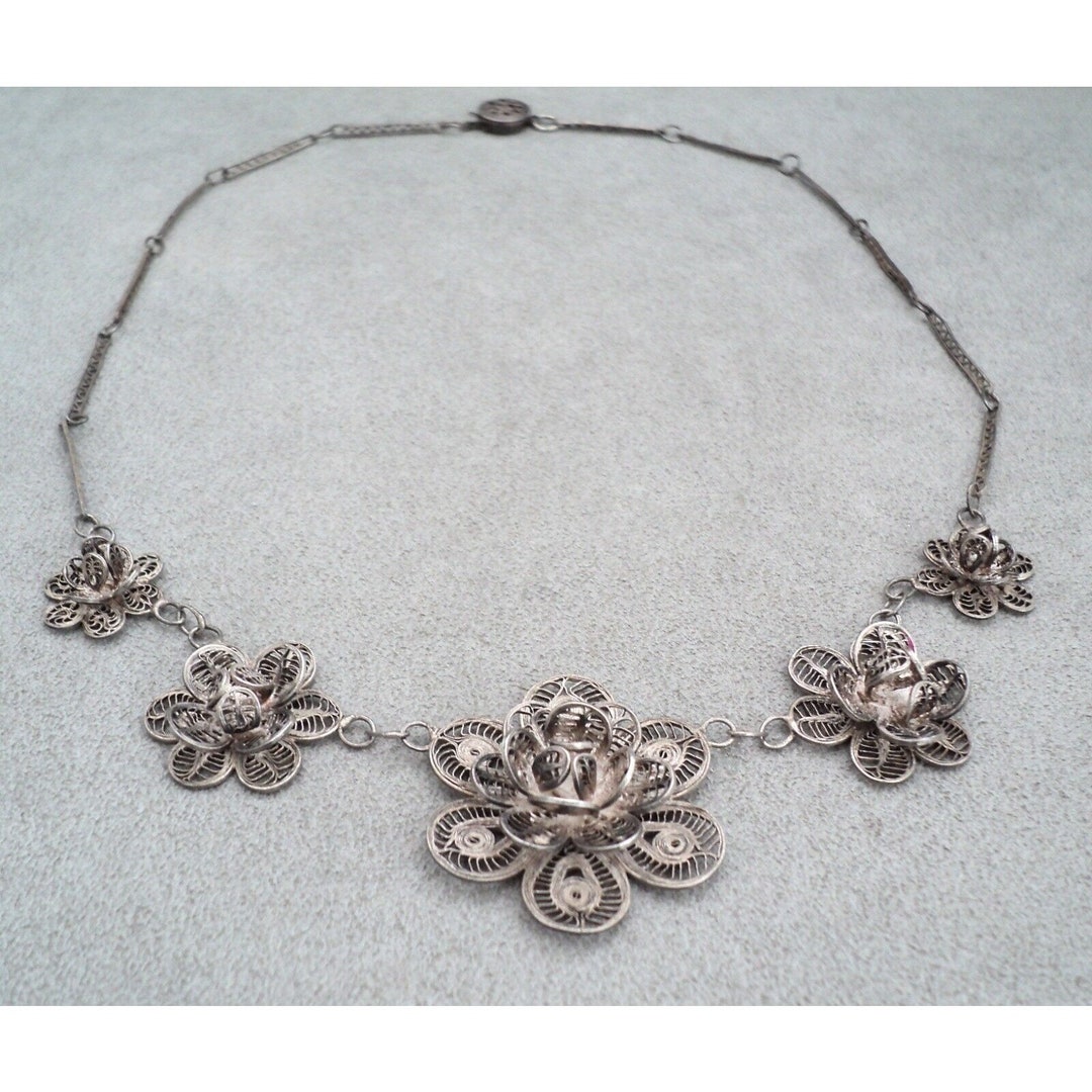 Vintage Sterling Silver Filigree FLOWER NECKLACE Dainty ROSES 19 All ...