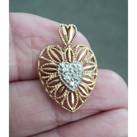 Vintage 10K Yellow GOLD 5 Diamond HEART PENDANT T… - image 2