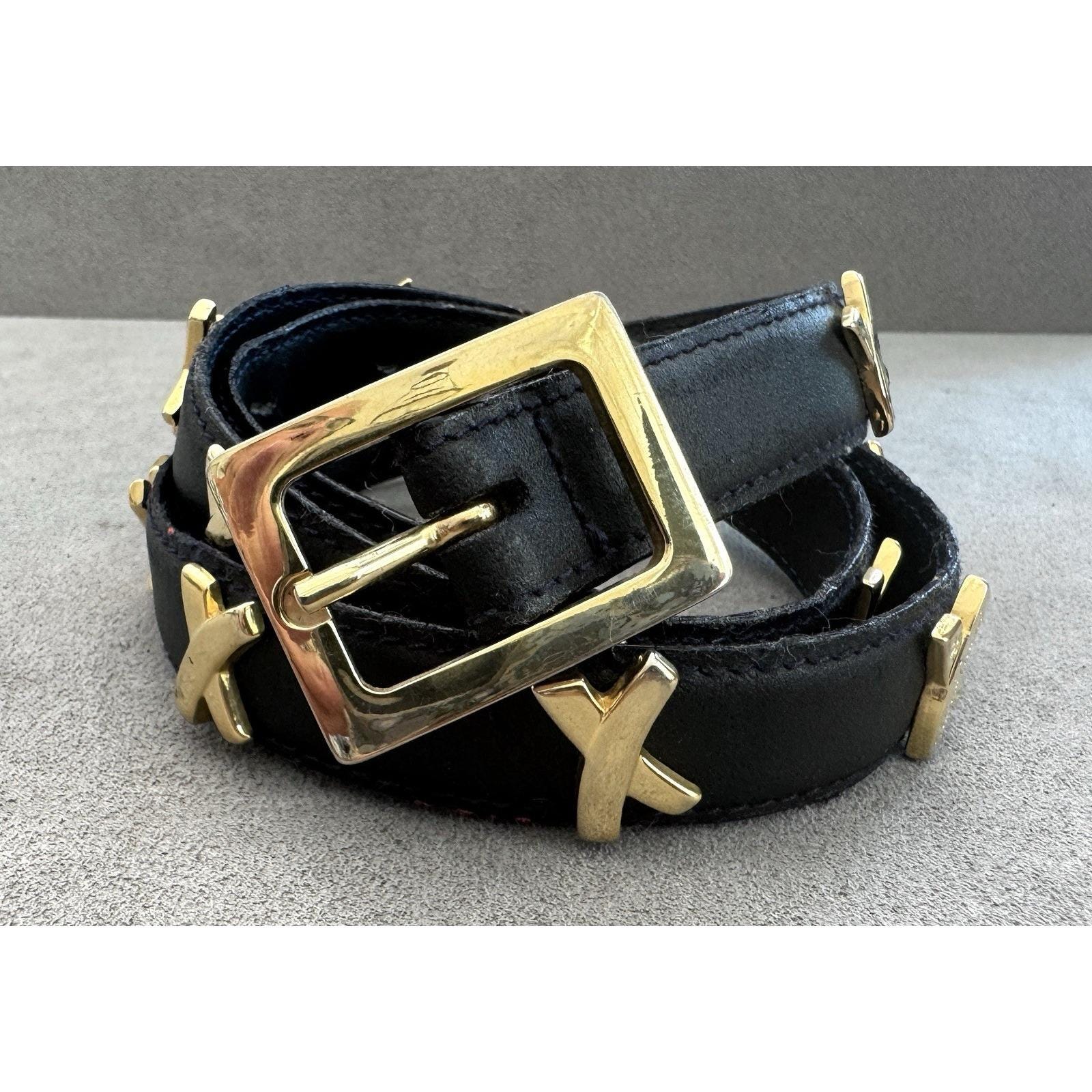 Paloma Picasso Vintage Black Leather Belt Gold Chain Buckle 26-29” waist VTG 80 main image 4