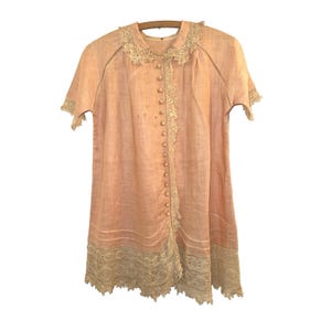 Antique Peach LINEN + LACE Button-Up Blouse Mini DRESS Robe 29" Victorian