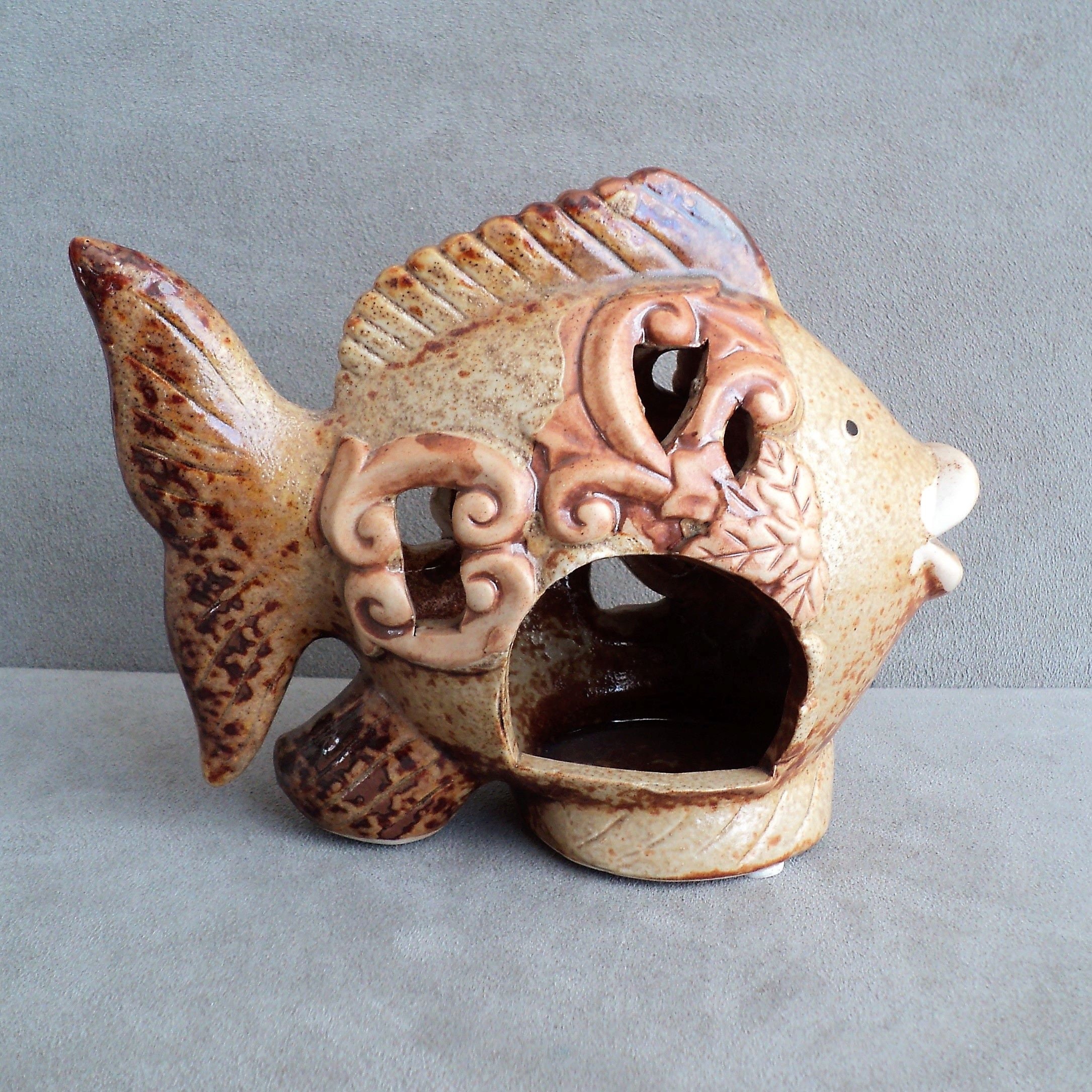 Vintage Signed FISH CANDLE HOLDER Studio Art Pottery Retro Etsy