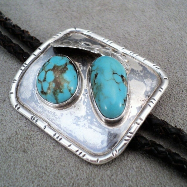 Vintage NAVAJO Sterling Silver & Double TURQUOISE BOLO Tie Leather Ties