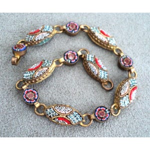 Vintage Fine MICRO-MOSAIC Link BRACELET Italy Tiny Pieces Geometric Flowers  7.5&quot;