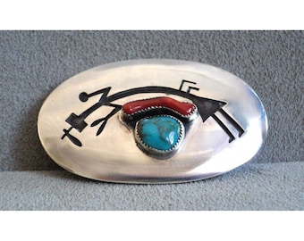 Vintage Navajo Overlay RAINBOW YEI Turquoise Coral Sterling Silver BROOCH 2.5&quot;