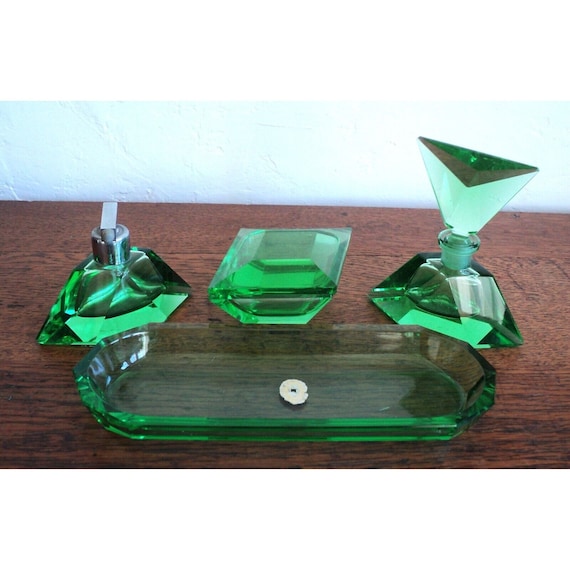 Art Deco Green Angular Crystal Glass DRESSER SET … - image 1