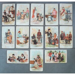13 CARTÕES DE ANÚNCIOS DE MÁQUINA DE COSTURA SINGER 1892 China Japão Zululândia Índia...