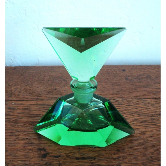 Art Deco Green Angular Crystal Glass DRESSER SET … - image 5