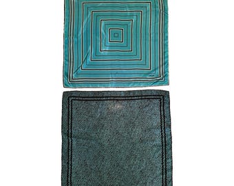 2 PAÑUELOS DE SEDA JAEGER Vtg Turquesa Azul Negro + Blanco 26x27" Italia Rayas Garabateadas