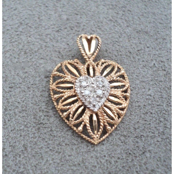 Vintage 10K Yellow GOLD 5 Diamond HEART PENDANT T… - image 1