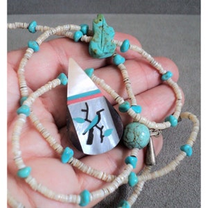 Vintage Zuni Inlaid Gemstone Pendant on Shell HEISHI with TURQUOISE Fetish NECKLACE