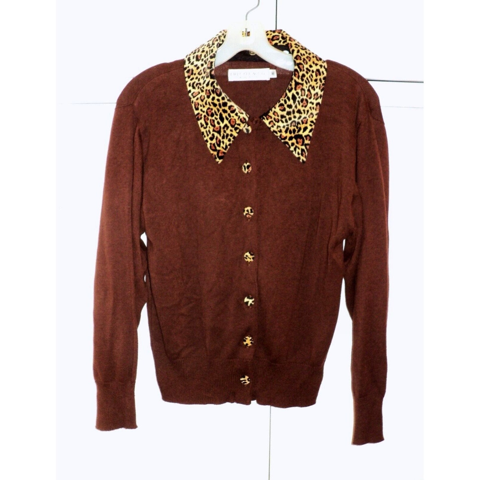 90s Brown CARDIGAN SWEATER Removable Detachable COLLAR Leopard Print  Buttons M