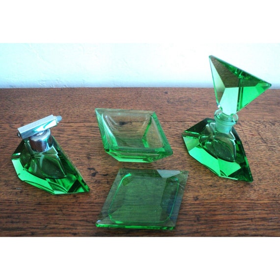 Art Deco Green Angular Crystal Glass DRESSER SET … - image 4