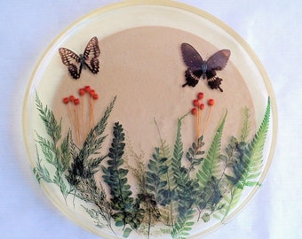 Vintage Mid-Century 12.5" Lucite Embedded BUTTERFLIES Ferns LAZY Susan Turntable MCM