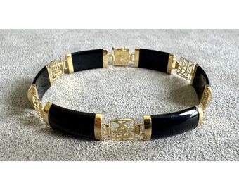 Pulsera vintage de eslabones de jade negro en oro de 14 quilates, elegante, de 18 cm, con caracteres chinos, 8,61 g