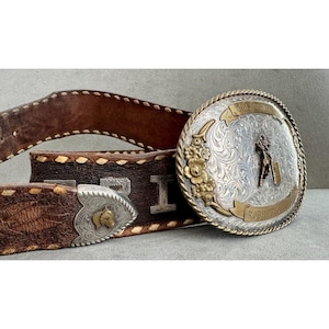 Cinturón de trofeo de plata esterlina DIABLO Western Vintage enorme con hebilla de 3,5 x 5,5 pulgadas, estilo vaquero de rodeo imagen 1