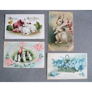 4 CARTOLINE PASQUALI ANTICHE IN RILIEVO IN epoca vittoriana Coniglietti Fiori Pulcini Cesto