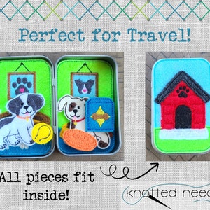 May include: A felt dog playset in a tin container. The set includes a dog, a dog house, a bone, a ball, and a picture frame. The text "Perfect for Travel!" and "All pieces fit inside!" is visible on the image. The text "knotted needle" is also visible on the image.