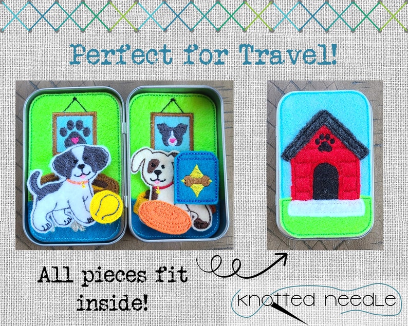 May include: A felt dog playset in a tin container. The set includes a dog, a dog house, a bone, a ball, and a picture frame. The text "Perfect for Travel!" and "All pieces fit inside!" is visible on the image. The text "knotted needle" is also visible on the image.