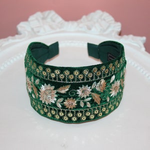 Fashion headbands for women embroidered 2.75" inch (7cm) luxury velvet hairband dark green wedding head cover statement wide headband